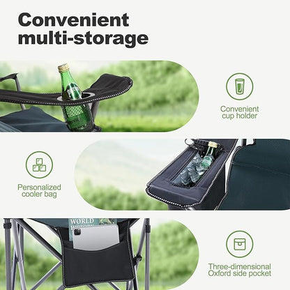 LET'S CAMP Oversized Folding Camping Chair Portable Outdoor Heavy Duty Padded Chairs Lawn Chair with Cup Holder, Storage Pocket and Cooler Bag, Supports 450LBS, for Camp, Travel, Picnic (Green)