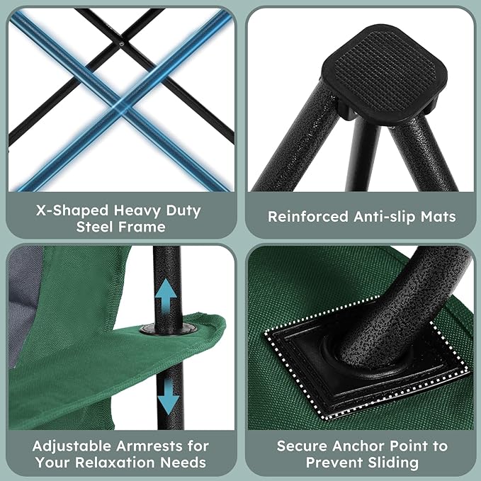 Oversized Folding Camping Chairs - 450 LBS Support Heavy Duty Camp Chair with Padded Cushion, Portable Outside Chairs with Carry Bag，Cooler, Cup Holder for Outdoor, Lawn, Sports - Green