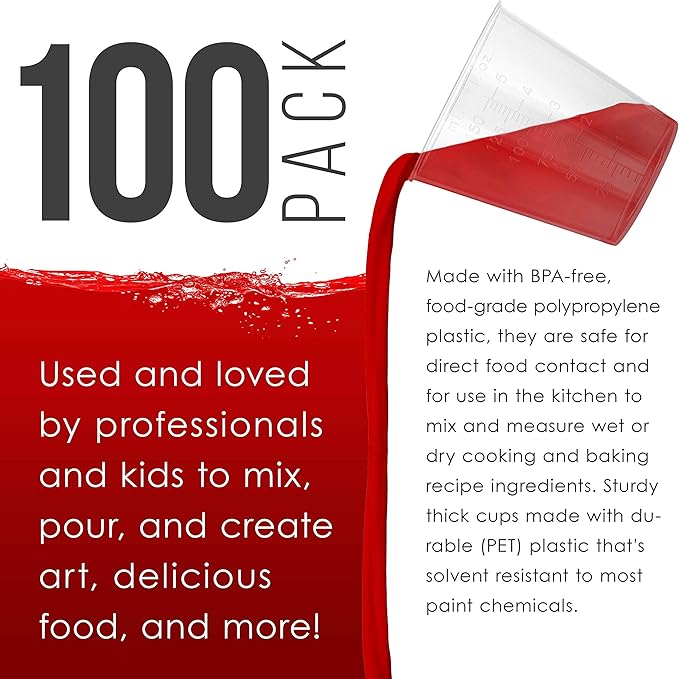 Pouring Masters 5 Oz (150 ml) Liquid Measuring Cups - Plastic Graduated Cup (100 Pack) with 25 Sticks - Reusable Mixing Cups for Paint, Craft, Kitchen, Lab, Medical Supplies, Epoxy Resin, Art
