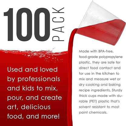 Pouring Masters 5 Oz (150 ml) Liquid Measuring Cups - Plastic Graduated Cup (100 Pack) with 25 Sticks - Reusable Mixing Cups for Paint, Craft, Kitchen, Lab, Medical Supplies, Epoxy Resin, Art