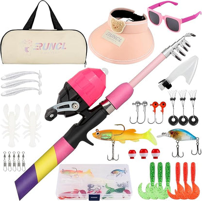 RUNCL Kids Fishing Pole and Reel Combo Kit - 4.9FT Telescopic Fishing Rod with Spincast Reel, Tackle Box, Hat, Sunglasses, Travel Bag - Easy Fishing Kit for Kids Ages 3-12, Youth Beginner