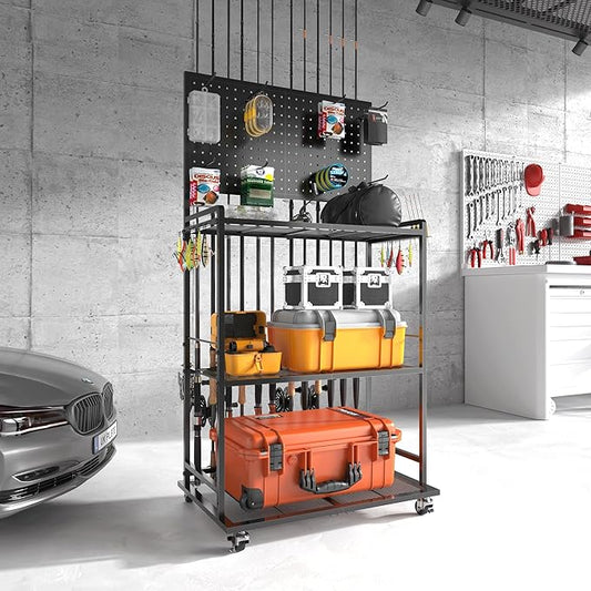 SOYEEZE Large Size Fishing Rod Holders for Garage, 3-Tier Fishing Pole Rack with Pegboard and Hooks, Fishing Gear Tackle Box Organizer Up to 12 Rods, Rolling Fishing Storage Cart with Lockable Wheels