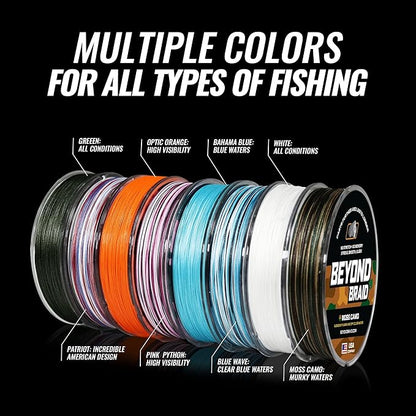 Beyond Braid Braided Fishing Line -Super Strong - Abrasion Resistant - No Stretch -Blue Camo, Moss Camo, White, Green, Pink, Blue, 4 Strand 8 Strand