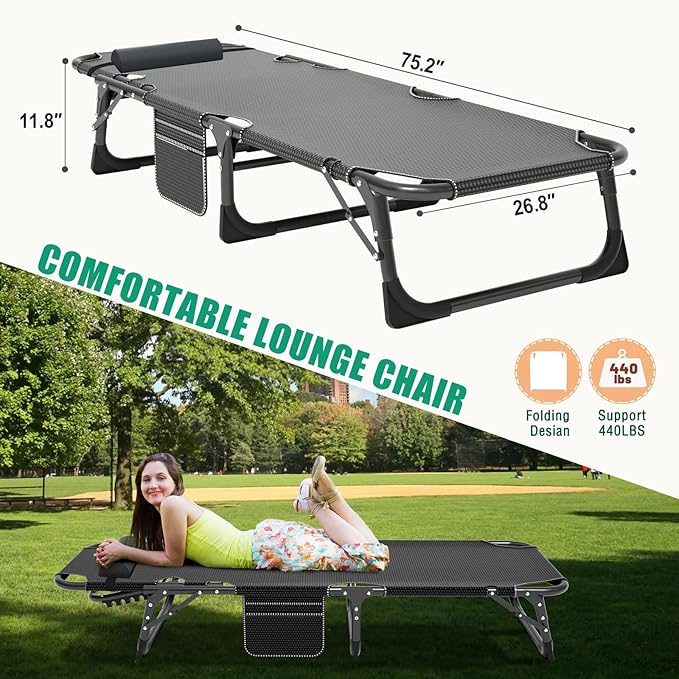 LILYPELLE Folding Outside Chaise Lounge Chair with Mattress, 5 Position Adjustable Patio Folding Lounge Chair Reclining Chairs Perfect for Outside, Sunbathing, Camping, Pool, Beach, Patio, Noble Gray