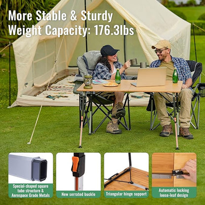 KingCamp Bamboo Folding Table, 4-Fold Camping Adjustable Height Portable Outdoor Lightweight & Compact Table with Aluminum Frame for RV Picnic BBQ Tailgating