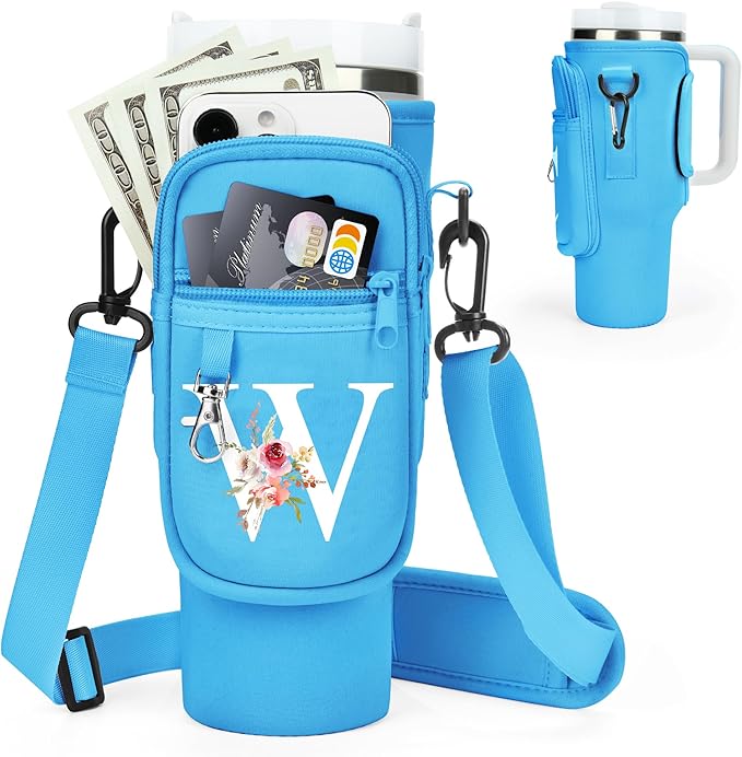 Initial Water Bottle Holder with Strap for Stanley 40 oz Tumbler/Simple Modern 40 oz Tumbler,Water Bottle Carrier Bag with Strap,Personalized A-Z Phone Pocket for Stanley Cup Accessories