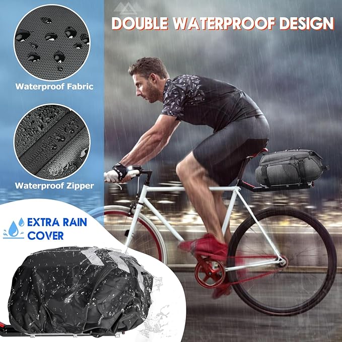 RAINSMORE Bike Bags for Bicycle Rear Rack 15L Waterproof Bike Ebike Trunk Pannier Saddle Bag with Rain Cover Bike Accessories Backpack Shoulder Bag for Commuter Travel Outdoor, Grey