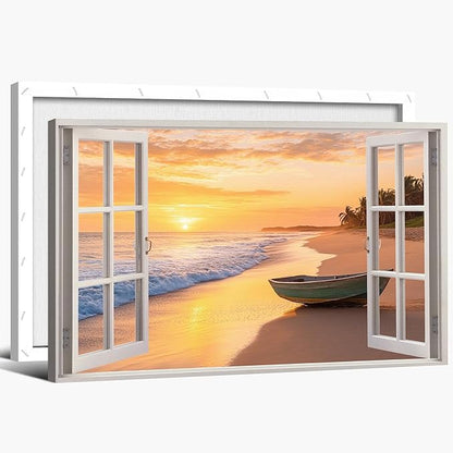 ANRUOXI Beach Wall Art, Window Frame Style Canvas Wall Decor Ocean, Sunset Sea & Tropical Palm Tree Coasts Boat Canvas, Seaside Scenery Nature Landscape Painting for Living Room Office Home 18x24 Inch