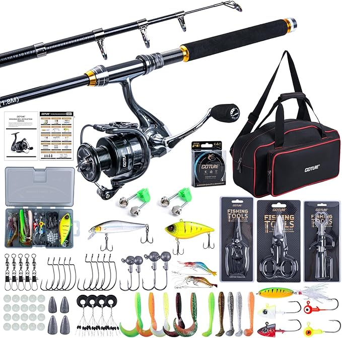 Goture Fishing Rod and Reel Combos,1.8M-2.7M Telescopic Fishing Pole Spinning Reel Lures Set with Carrier Bag,Telescopic Rod Kit for Starter Travel Saltwater Freshwater Gear Gift for Men