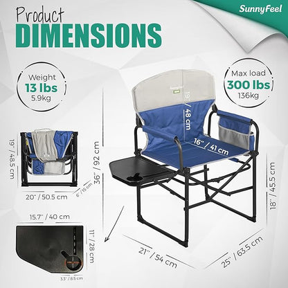 SUNNYFEEL Camping Directors Chair, Heavy Duty,Oversized Portable Folding Chair with Side Table, Pocket for Beach, Fishing,Trip,Picnic,Lawn,Concert Outdoor Foldable Camp Chairs