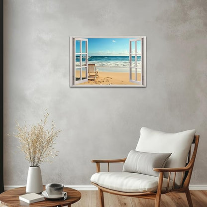 ANRUOXI Beach Wall Art, Blue Ocean Canvas Wall Decor, Beach Theme Window Frame Style Prints Blue Sea Painting, White Window Frame Style Seaside Nature Coastal Framed Artwork for Bathroom 18x24 Inch