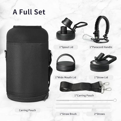 Trebo One Gallon Water Bottle Insulated with Paracord Handle,128oz Large Vacuum Double Wall Stainless Steel Insulated Jug with Straw Spout Handle Lids, Leakproof Keep Cold & Hot,Black