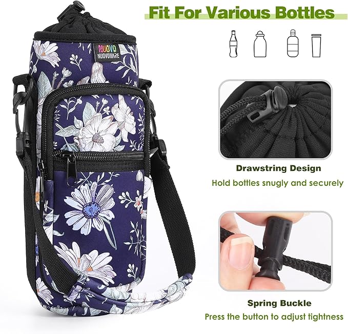 Nuovoware Water Bottle Carrier Bag,25oz/40oz/64oz Bottle Pouch Holder,Adjustable Shoulder Hand Strap 2 Pocket Sling Neoprene Sleeve Sports Accessories for Hiking Travelling Camping