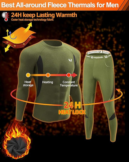 UNIQUEBELLA Men's Thermal Underwear Sets Top & Long Johns Fleece Sweat Quick Drying Thermo Base Layer