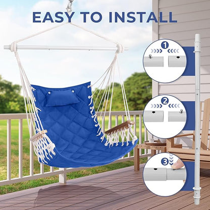 Hammock Chair Hanging Swing with Wooden Armrests;Steel Spreader Bar,Pillows,Hardware kit Included;Cotton Woven ;Up to 350 Lbs,for Indoor Outdoor Blue