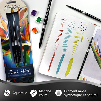Silver Brush Limited BV-3055S Black Velvet Short Handle Medium Round Brushes, Mixed Filament With Very Soft Tips, 4pc Professional Artist Painting Bundle for Watercolors, Gouache, Dyes & Silk Painting