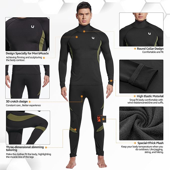 UNIQUEBELLA Men's Thermal Underwear Sets Top & Long Johns Fleece Sweat Quick Drying Thermo Base Layer