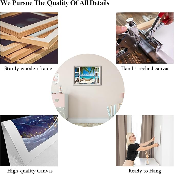 ANRUOXI Beach Wall Art, Blue Ocean Canvas Wall Decor, Beach Theme Window Frame Style Prints Blue Sea Painting, White Window Frame Style Seaside Nature Coastal Framed Artwork for Bathroom 32x48 Inch