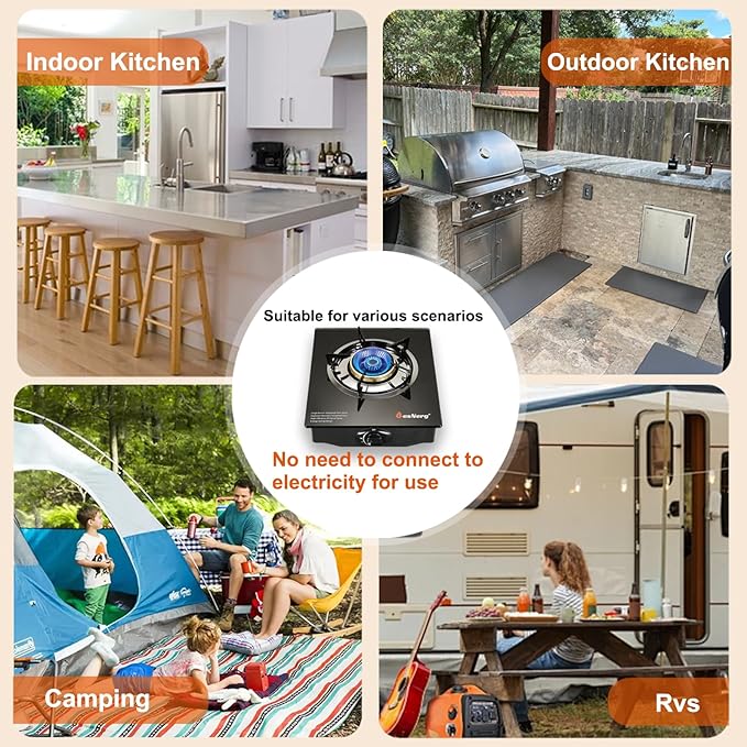 Propane Stove 1 Burner Gas Stove, 14500 BTU High-Efficiency Auto Ignition Tempered Glass LPG Cooktop with CSA Regulator and Hose – for Outdoor Camping, RV, and Emergency Cooking