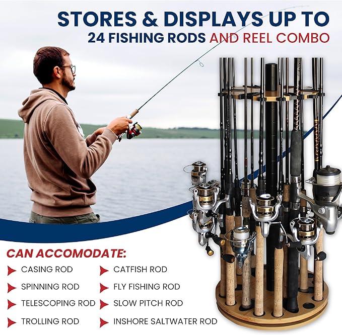 Rush Creek Creations Fishing Rod Holder - 360 Spinning Rack for Garage Organization and Storage, Pole Holder for Reels, Gear, Accessories, Tackle Box