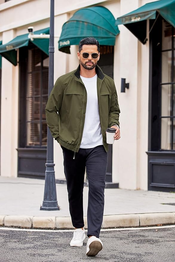 COOFANDY Mens Lightweight Bomber Jackets Stand Collar Windbreaker Softshell Jacket Zip Up Coat for Fall Outdoor