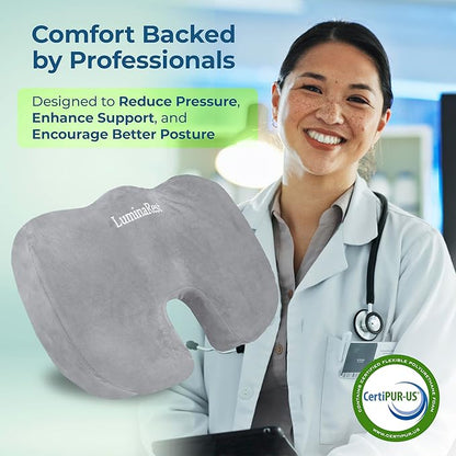 LuminaRest® Gel Seat Cushion for Long Sitting – CertiPUR-US® Certified Memory Foam – Premium Gel Tailbone Pain Relief Cushion, Adaptable for Office, Car, Airplane & Wheelchair – (Gray)