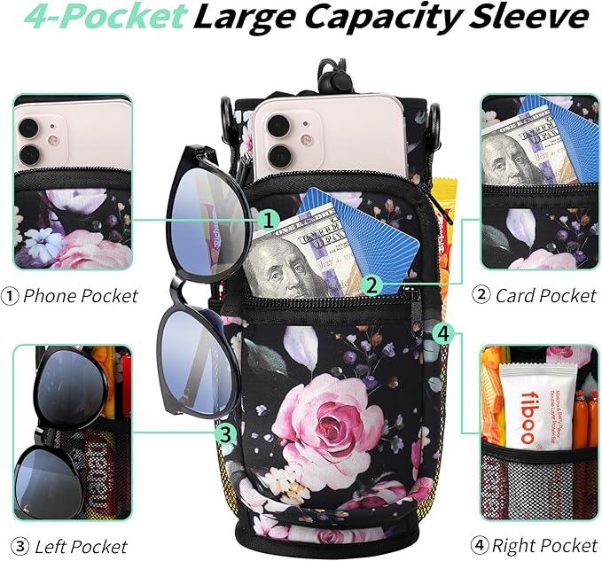 32/40/64/87/128 oz Water Bottle Carrier Bag, Neoprene Water Bottle Sleeve with 4 Pocket, Sport Water Holder with Paracord Handle and Shoulder Strap for Walking Hiking Camping Gym