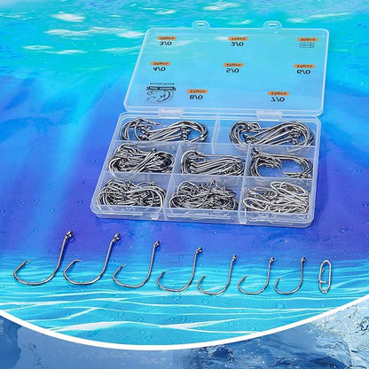 UCEC Circle Hooks Fishing Hooks 2X Strong Offset Circle Hooks Saltwater Black High Carbon Steel Octopus Catfish Fishing Hooks Fishing Gear Tackle 150pcs/ 240pcs - Size:#1 1/0 2/0 3/0 4/0 5/0 6/0 8/0