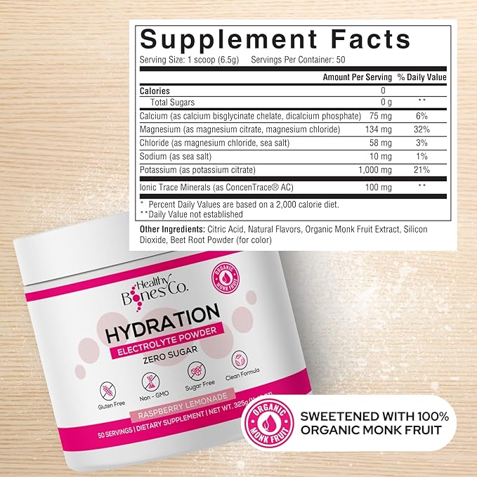 Sugar-Free Electrolyte Powder Drink Mix Fast Hydration Naturally Sweetened with Organic Monk Fruit, Raspberry Lemonade Flavor (325g) with Key Electrolytes and Trace Minerals –Keto Friendly, Vegan