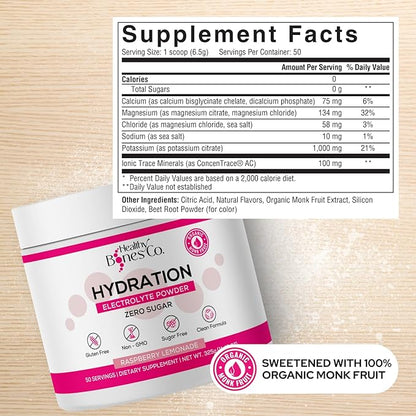 Sugar-Free Electrolyte Powder Drink Mix Fast Hydration Naturally Sweetened with Organic Monk Fruit, Raspberry Lemonade Flavor (325g) with Key Electrolytes and Trace Minerals –Keto Friendly, Vegan