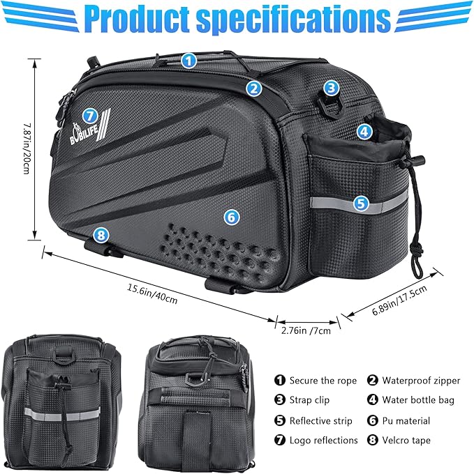 Bike Trunk Rear Rack Bag - Waterproof Bicycle Travel Expedition Rack Cargo Helmet Carrier Bag with Bottle Holder for Bicycle, E-Bike