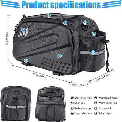 Bike Trunk Rear Rack Bag - Waterproof Bicycle Travel Expedition Rack Cargo Helmet Carrier Bag with Bottle Holder for Bicycle, E-Bike