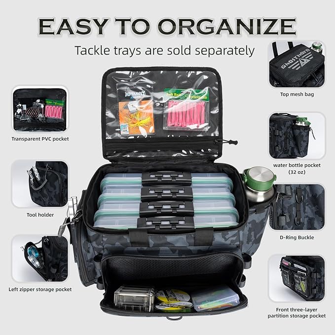 Ghosthorn Fishing Tackle Bag with Rod Holder Saltwater & Freshwater Resistant Large Tackle Box Bag - Adjustable Padded Shoulder Strap (Black Camouflage)
