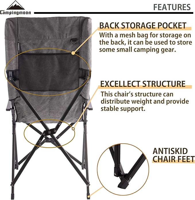 CAMPINGMOON Foldable Cotton Canvas Camping Chair for Campfire High Back Chair Gray F-1001C-H