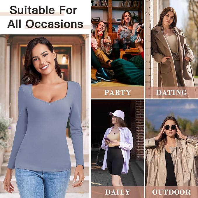 WOWENY Thermal Shirts for Women Sweetheart Fleece Lined Long Sleeve Underwear Tops Soft Warm Base Layer Cold Weather