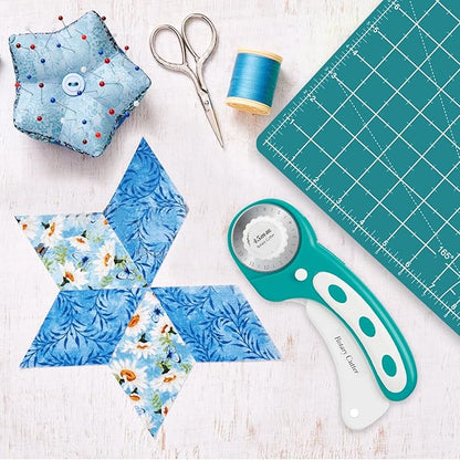 Rotary Cutter Set - Quilting Kit incl. 45mm Fabric Cutter, 5 Replacement Blades, A2 Cutting Mat, Acrylic Quilting Ruler and Sewing Clips, Craft Knife Set, Ideal for Crafting, Sewing, Patchworking