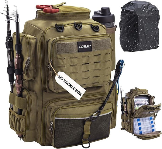 Goture Fishing Backpack, Tackle Backpack with Rod Holders, 45L 600D Large Fishing Bag Gear Storage, Water Resistant Tackle Bag with 8 Lure Pockets, Rain Cover for Camping Hiking (Without Tackle Box)