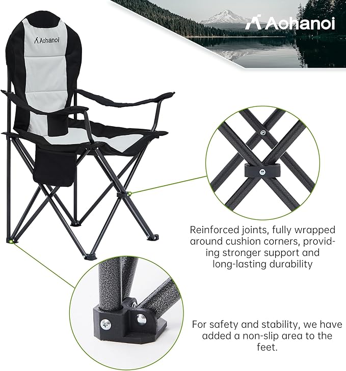 Camping Chairs for Heavy People, Folding Chairs for Outside Outdoor Folding Chairs with Cup Holder & Cooler Bag, Camp Chairs Supports up to 500lbs(1 PC, Black White)