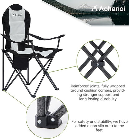 Camping Chairs for Heavy People, Folding Chairs for Outside Outdoor Folding Chairs with Cup Holder & Cooler Bag, Camp Chairs Supports up to 500lbs(1 PC, Black White)