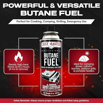 Chef Master 4x 8oz Butane Fuel Canister - Butane Refill for Kitchen Torch & Camp Stove - Gas Canister for Picnics, Outdoor Cooking, Grilling - Camping Stove, Torch Fuel Camping Essentials - 90340