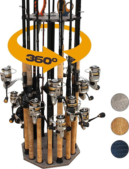 Rush Creek Creations 16-Rod Round Fishing Rod Holder for Garage, 360° Access Fishing Pole Holder for Fishing Rods, Reels, Gear, and Accessories, Securely Holds 16 Rods, Gray