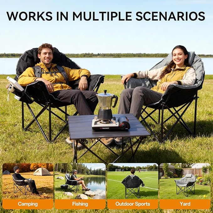 Oversized Heated Camping Chairs, 3 Heating Level for Back and Seat, Portable & Folding Camping Chair with Pillow for Outdoor Sports, Fishing, Patio, Picnics, Battery Not Included, Gray