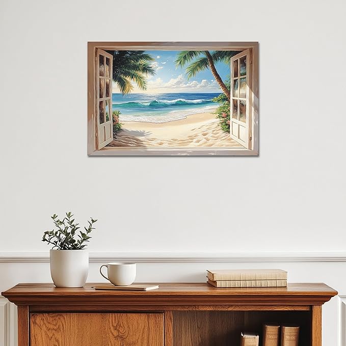 ANRUOXI Beach Wall Art, Blue Ocean Canvas Prints Wall Decor, Window Frame Style Sea Canvas Wall Decor, Ocean Seaside Painting, Nature Coastal Landscape Framed Artwork for Living Room Office 12x18 Inch