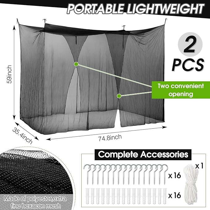 Tranqun 2 Pcs Mosquito Netting for Patio, Ultra Large Mosquito Net for Bed with 2 Side Openings 16 Hanging Loops for Camping Home Outdoor Travel Dormitory Decor(Black,75 x 36 x 59 Inch)