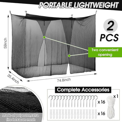 Tranqun 2 Pcs Mosquito Netting for Patio, Ultra Large Mosquito Net for Bed with 2 Side Openings 16 Hanging Loops for Camping Home Outdoor Travel Dormitory Decor(Black,75 x 36 x 59 Inch)