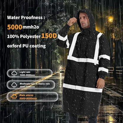 Hi Vis Rain Jacket with 3M Reflective Stripe,High Visibility Class 3 Rain coats,Safety Waterproof Rain Suits for Men with Hood and 2 Large Pockets construction work rain gear(Black 5XL)