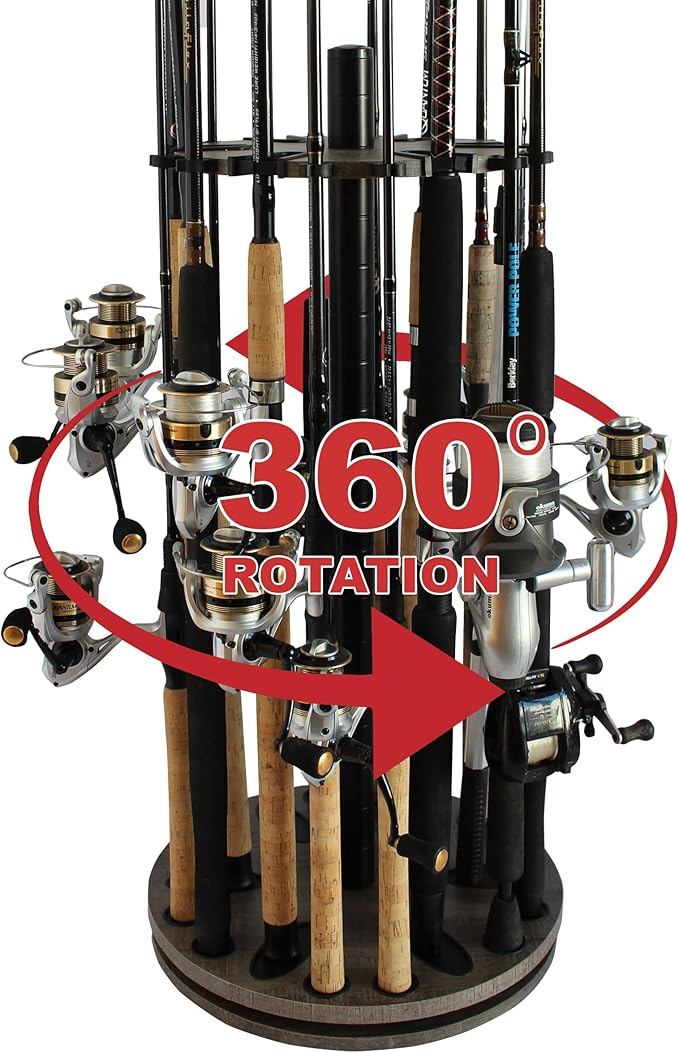 Rush Creek Creations Fishing Rod Holder - 360 Spinning Rack for Garage Organization and Storage, Pole Holder for Reels, Gear, Accessories, Tackle Box