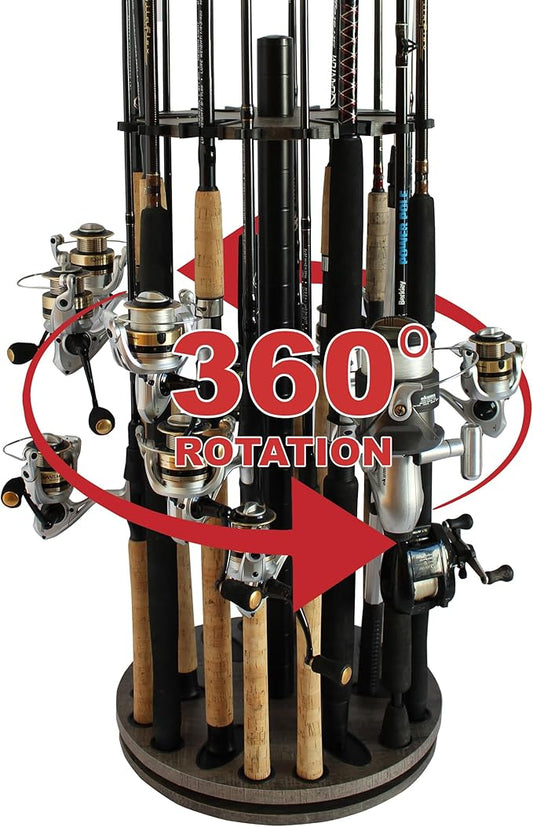 Rush Creek Creations Fishing Rod Holder - 360 Spinning Rack for Garage Organization and Storage, Pole Holder for Reels, Gear, Accessories, Tackle Box