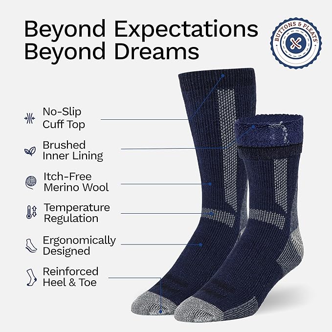 Buttons & Pleats Wool Socks for Men & Women Merino Thermal Warm Cozy Winter Boot Sock