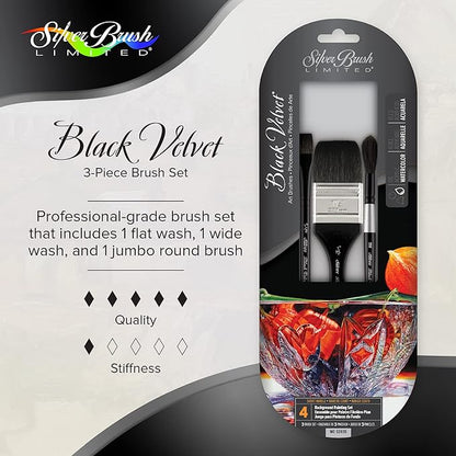 Silver Brush Limited WC-3203S Black Velvet Background Painting Set, Premium Paintbrushes for Watercolor, Gouache, Inks & Dyes, Set of 3, Flat Wash, Wide Wash, and Small Jumbo Round Brush, Short Handle